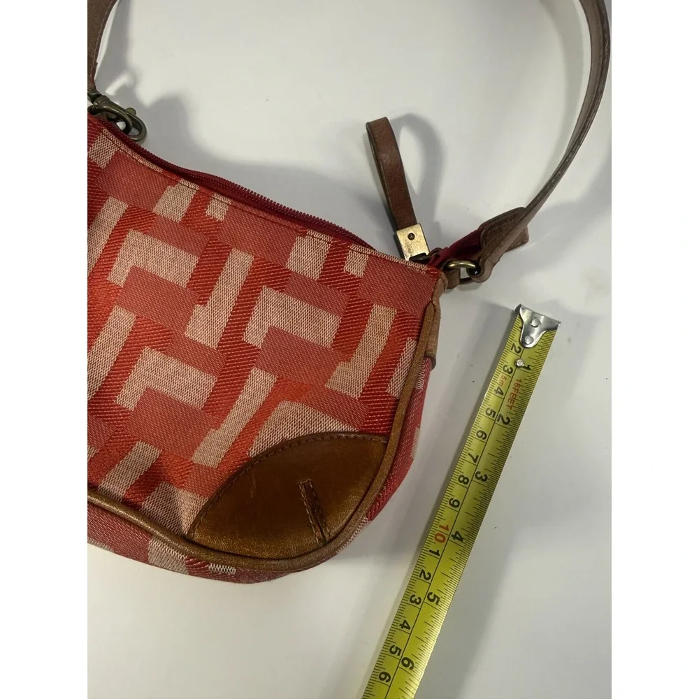 Y2K Vintage Nine West Cloth Handbag Geometric Red Pink Tan Leather Trim Small